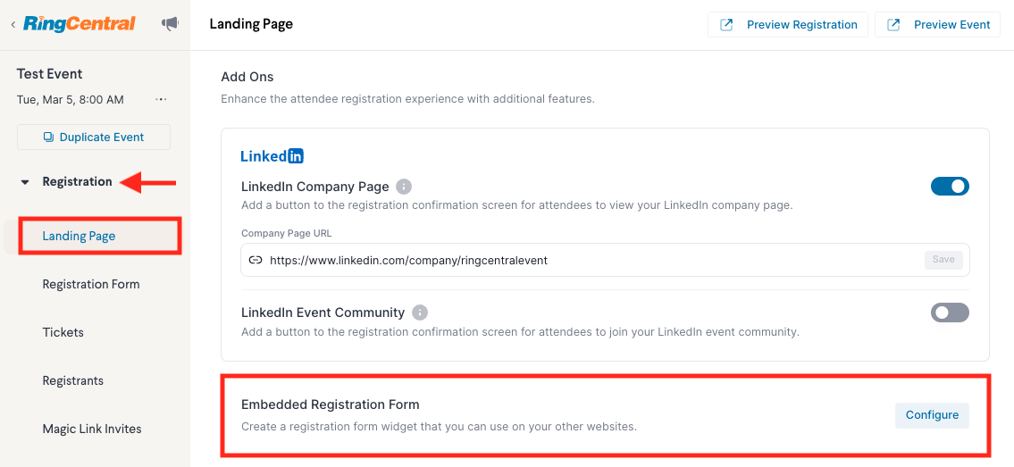 Embedding registration widget – RingCentral Events